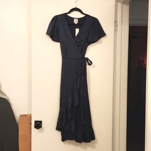 NWT Blue Rain Wrap Crimped Satin Dress in Midnight Blue Small